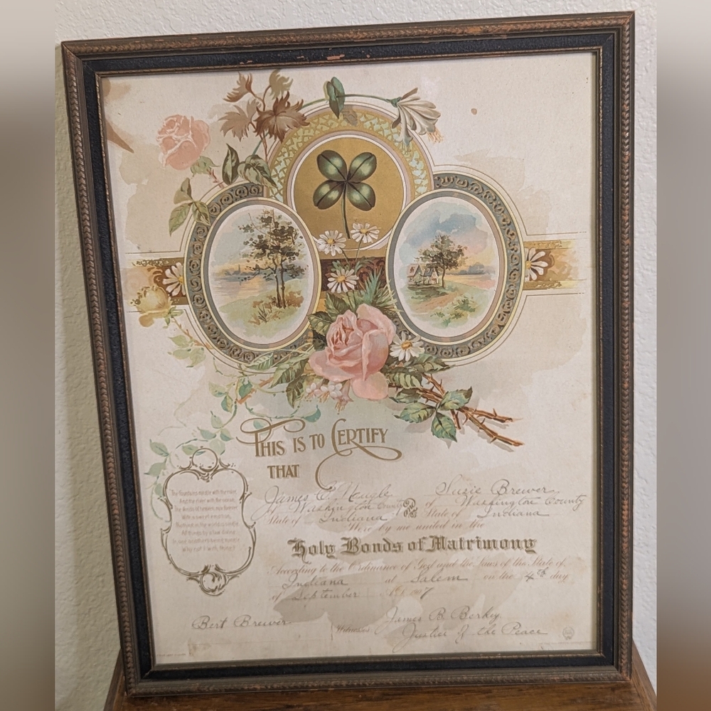 Antique Floral Framed Marriage Certificate 1907 Indiana